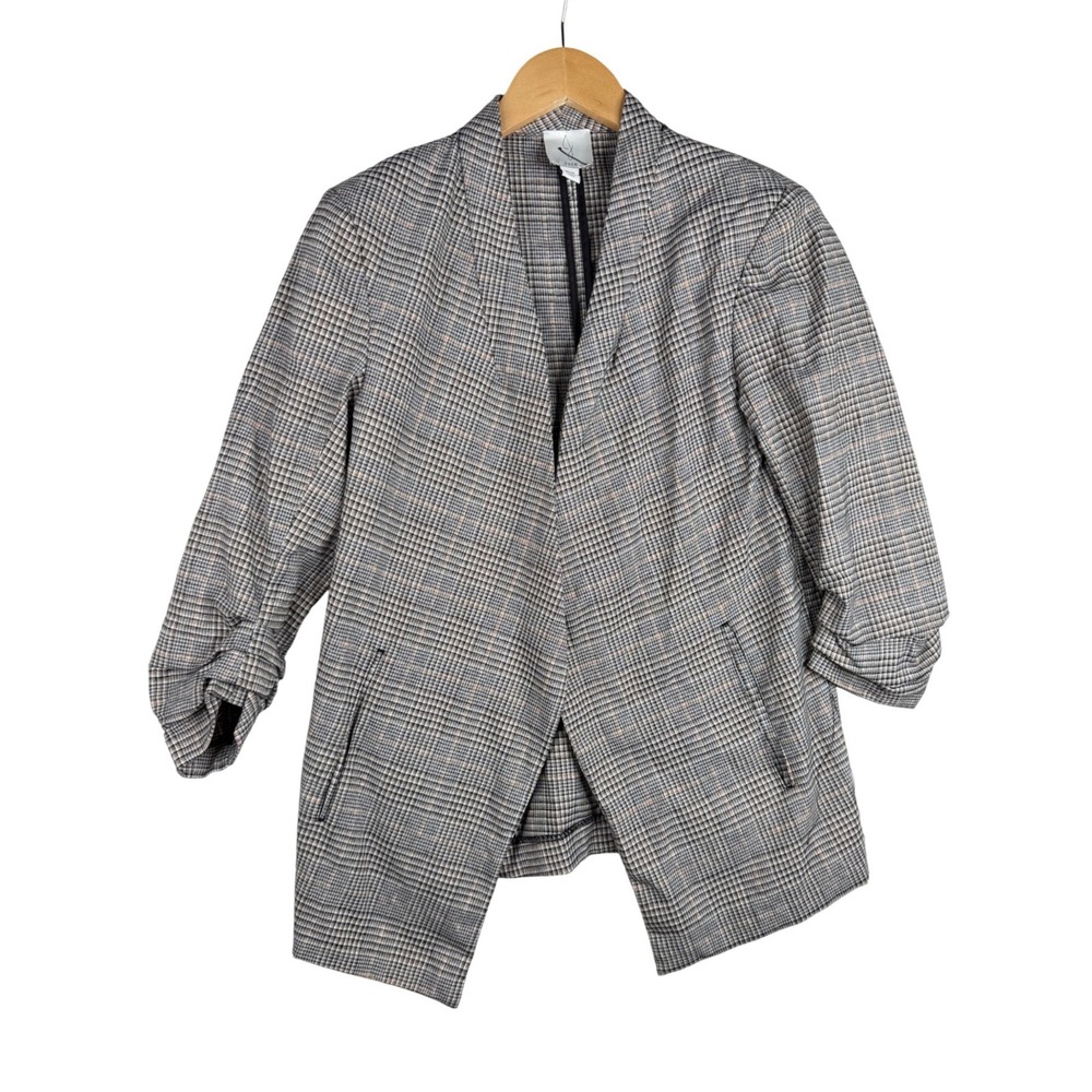 Joie Women's Blazer‎ Jacket Brown Metallic Plaid Open Pockets Ruched Sleeves M